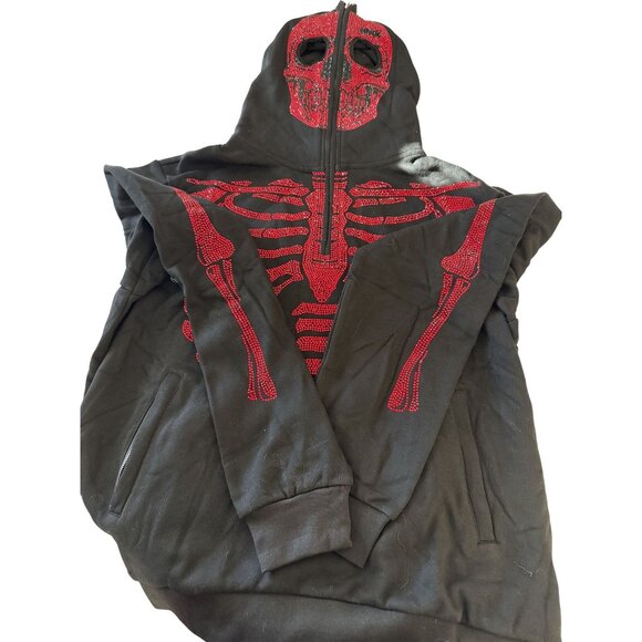 NWT Guapi Men's Skeleton Hoodie BlackSweatshirt Red Rhinestones Ltd ED (JB) - Picture 7 of 12